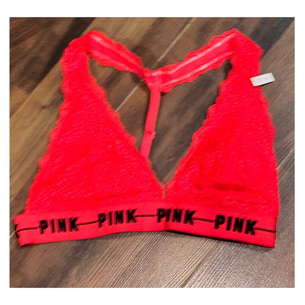 Victorias Secret PINK Red Lace Bralette Lightly Lined Racerback Logo Band Medium